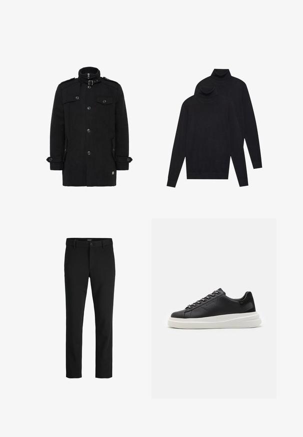 Manteau en laine noir avec col haut, fermeture éclair sur le devant, boutons double boutonnage, poches latérales et épaulettes aux épaules. Texture lisse.; Deux pulls turtleneck noirs à manches longues, en tricot uni, empilés avec un légèrement derrière l'autre sur un fond blanc.; Pantalon noir en tissu lisse, avec un design classique, une coupe droite, une fermeture par bouton à l'avant et des poches latérales.; Baskets en cuir noir avec une semelle en caoutchouc blanc, dotées de lacets plats et d'œillets marqués. Texture douce avec un accent contrastant sur le côté.