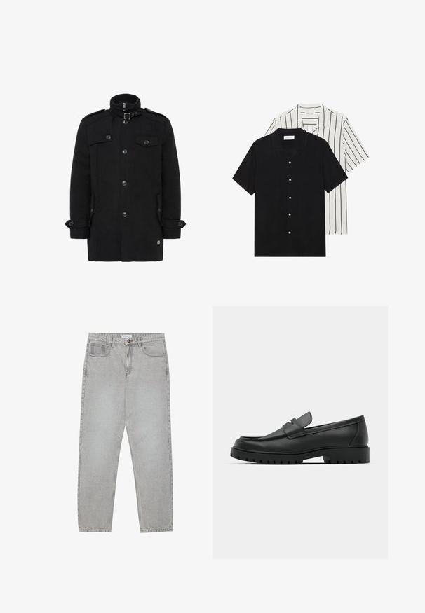 Cappotto di lana nera con colletto alto, zip frontale, bottoni doppi, tasche laterali e alamari sulle spalle. Texture liscia.; Due camicie a manica corta: una nera uniforme, l'altra bianca con strisce verticali nere. Entrambe presentano chiusure a bottoni e un colletto classico.; Pantaloni in denim grigio chiaro con design a gamba dritta, stile a cinque tasche e chiusura con bottone. Cuciture visibili lungo le cuciture.; Mocassini in pelle nera con punta rotonda, caratterizzati da un design cucito, suola piatta bassa e un battistrada in gomma testurizzata e scolpita.