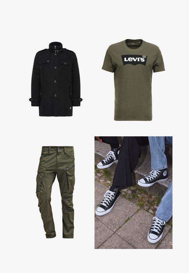 Black wool coat with a high collar, front zip, double-breasted buttons, side pockets, and epaulettes on shoulders. Smooth texture.; Olive green cotton t-shirt featuring a large black Levi's logo on the front. Classic crewneck and short sleeves, smooth texture.; Olive green cargo pants made from sturdy cotton. Features multiple pockets, a zippered side pocket, and tapered legs with a slightly textured finish.; Black high-top canvas sneakers with white rubber soles and laces, featuring a circular logo on the side and paired with denim and black pants.
