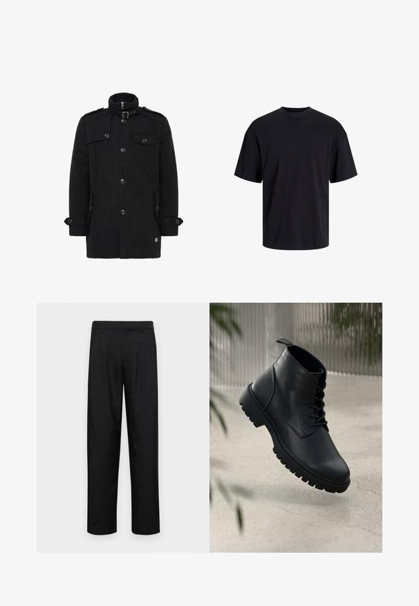 Manteau en laine noir avec col haut, fermeture éclair sur le devant, boutons double boutonnage, poches latérales et épaulettes aux épaules. Texture lisse.; T-shirt en coton noir avec un col ras du cou, des manches courtes et une coupe décontractée. Texture lisse sans motifs ni accents visibles.; Pantalons noirs en tissu lisse, avec une coupe droite, deux plis avant et une taille standard avec passants de ceinture.; Bottines en cuir noir avec un bout rond, un laçage, et une semelle en caoutchouc robuste. Texture lisse avec une languette à l'arrière.