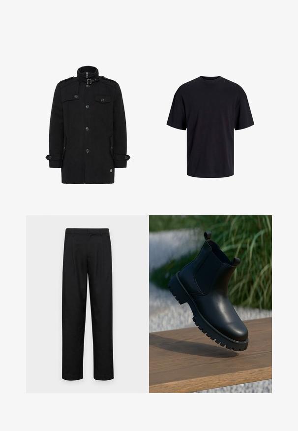 Juodas vilnonis paltas su aukštu apykakle, priekiniais užtrauktukais, dvigubais sagčių formatais, šoninėmis kišenėmis ir petnešomis ant pečių. Lygus paviršius.; Juodas medvilninis marškinėlis su apvaliu iškirpimu, trumpomis rankovėmis ir laisvu siluetu. Glotni tekstūra, be matomų raštų ar akcentų.; Juodi kelnių modeliai, pagaminti iš lygios medžiagos, turi tiesią kojas, du priekiniai klostės ir standartinę juosmenį su diržo kilpomis.; Juodi odiniai auliniai bateliai iki kulkšnies su elastinėmis šoninėmis plyšeliais, apvaliu pirštu ir storu padu, pateikti ant medinės paviršiaus.