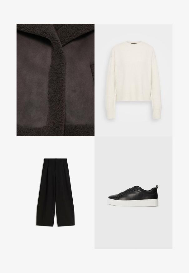 Braune Jacke mit strukturiertem, flauschigem Kragen und glattem Stoff. Das Design umfasst eine zentrale Öffnung und eine minimalistische Ästhetik.; Weißer Strickpullover mit Rundhalsausschnitt und lockerer Silhouette. Mit gerippten Bündchen und Saum, aus einem weichen, strukturierten Material gefertigt.; Schwarze weite Hosen aus glattem Stoff, mit hoher Taille, Falten an der Vorderseite und ohne sichtbare Verzierungen oder Muster.; Schwarze niedrige Leder-Sneaker mit schwarzen Schnürsenkeln und dicker weißer Gummisohle, von der Außenseite auf weißem Hintergrund betrachtet.