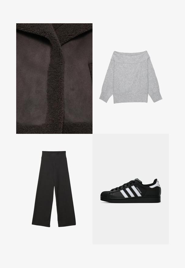 Giacca marrone con colletto lavorato e peloso e tessuto liscio. Il design presenta un'apertura centrale e un'estetica minimalista.; Maglione lavorato a maglia grigio chiaro con scollo a barca, maniche lunghe e polsini, orlo e ampia scollatura a costine.; Pantaloni neri a gamba larga con vita elastica alta, in tessuto morbido e vestibilità ampia, adatti per l'abbigliamento casual o ambienti rilassati.; Sneaker nera Adidas Superstar con strisce bianche, punta a conchiglia e testo "Superstar" su un lato, mostrata in profilo laterale su sfondo bianco.