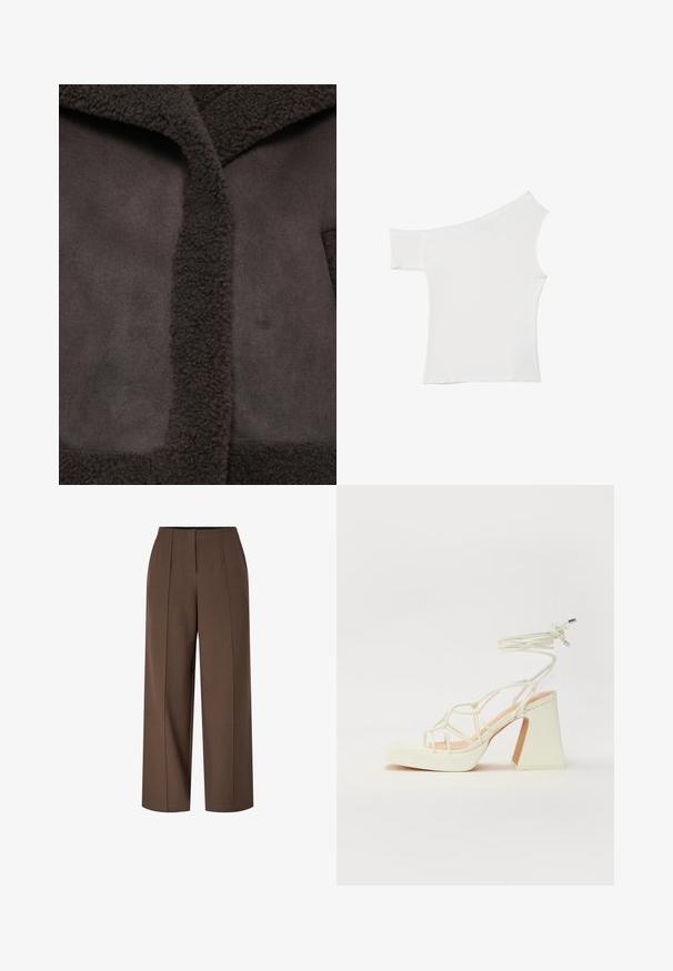 Brown jacket featuring a textured, fuzzy collar and smooth fabric. The design includes a central opening and minimalist aesthetic.; Asymmetrical white top made of smooth fabric, featuring one short sleeve and one off-shoulder design, with a clean, minimalist look.; Brown high-waist wide-leg trousers with front crease lines and a hidden front zipper closure.; White high-heeled sandal with a chunky heel, featuring a strappy design and ankle tie. Smooth texture with a platform front for added height.