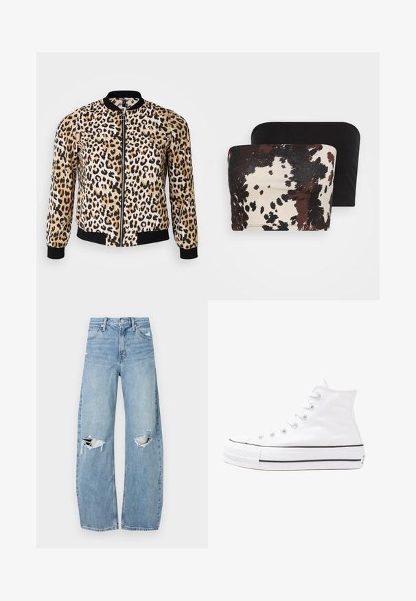 Bomberka w panterkę w kolorze beżowym, czarnym i kremowym z zamkiem z przodu, ściągaczami na mankietach i dolnym brzegu. Miękka tkanina o gładkiej fakturze.; Dwa topy bez ramiączek: jeden ma brązowy i kremowy abstrakcyjny wzór zwierzęcy, podczas gdy drugi jest gładki czarny. Oba wykonane są z miękkiego materiału.; Jasnoniebieskie, wysokiej talii dżinsy wykonane z denimu. Posiadają szerokie nogawki, dwa podarte miejsca na kolanach oraz klasyczne pięć kieszeni.; Białe wysokie trampki z płótna z czarną gumową podeszwą, przednim czubkiem z gumy i sześcioma dziurkami na sznurowadła, charakteryzujące się prostym, minimalistycznym designem.
