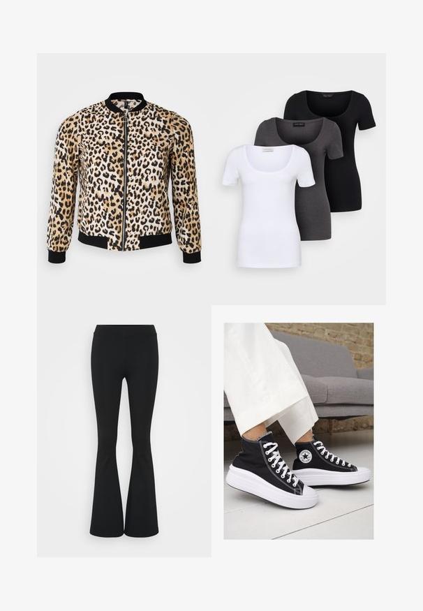 Veste bomber en imprimé léopard dans des teintes beige, noir et crème, avec une fermeture éclair sur le devant, des poignets et un ourlet côtelés. Tissu doux avec une texture lisse.; Trois T-shirts ajustés en blanc, gris et noir. Chacun présente un décolleté large et des manches courtes. Fabriqués en tissu lisse et extensible.; Pantalon évasé noir en tissu extensible, présentant une taille haute et une texture lisse. Le pantalon s'élargit à partir du genou.; Baskets montantes en toile noire avec semelles et lacets en caoutchouc blanc. Elles présentent un logo circulaire sur le côté et un contraste de coutures blanches.