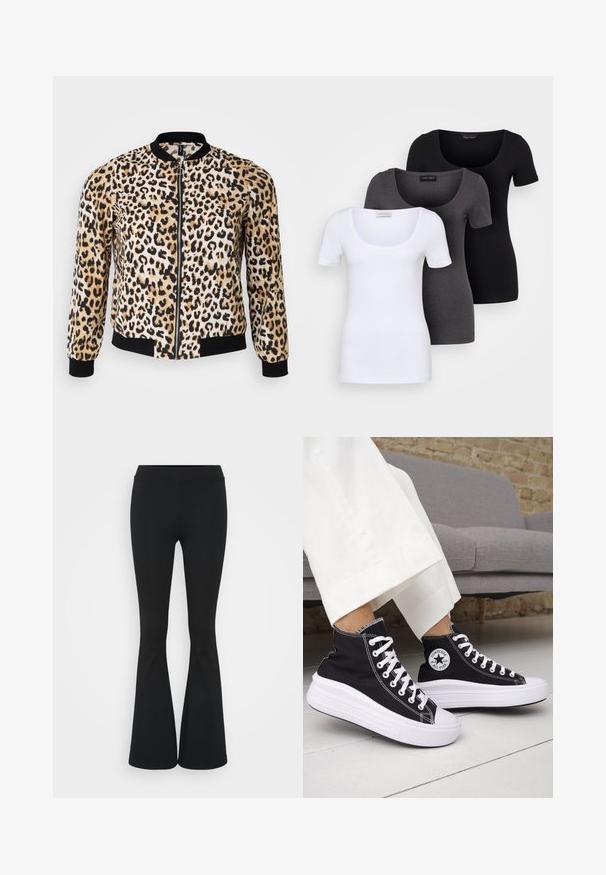 Casaco bomber com padrão de leopardo nas cores bege, preto e crème, com fecho de zip e punhos e bainha canelados. Tecido suave com uma textura lisa.; Três t-shirts ajustadas em branco, cinza e preto. Cada uma possui um decote amplo e mangas curtas. Feitas de um tecido liso e elástico.; Calças pretas de corte alargado feitas de tecido elástico, com uma cintura alta e uma textura suave. As calças alargam-se a partir do joelho.; Ténis pretos de cano alto com solas e atacadores em borracha branca. Apresentam um emblema redondo e costuras contrastantes em branco. Material em lona.