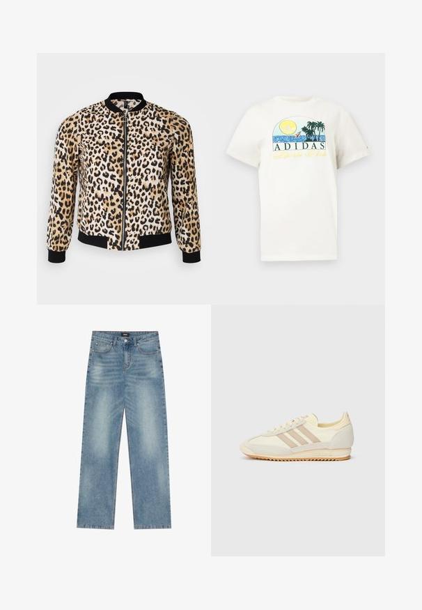 Giacca bomber con stampa leopardata nei colori beige, nero e crema, con chiusura a zip, polsini e orlo a coste. Tessuto morbido con una texture liscia.; T-shirt di cotone bianco con un design grafico raffigurante un sole, palme e acqua. "ADIDAS Sports Club" stampato in verde e giallo.; Jeans in denim azzurro chiaro con una vestibilità rilassata, gamba dritta, cinque tasche e cuciture a contrasto. Presentano una chiusura con bottone e cerniera.; Sneaker sportivo crema con tre strisce beige, materiali in suede e tessuto, suola testurizzata e logo in rilievo sul tallone.