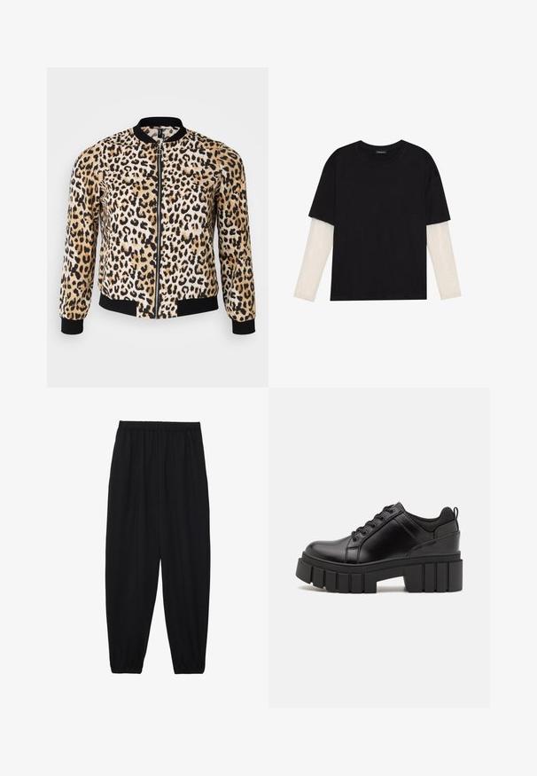 Leopardimustriga bomberjakk tan, must ja kreem, ees tõmblukuga, soonikkrae ja -taskutega. Pehme kangas sileda tekstuuriga.; Mustmust särk, mis on valmistatud puuvillast, lühikeste varrukatega, valge pika varrukaga kihi peal, millel on peene tekstuuriga muster. Ümar kaelus.; Mustad, kerge kangas püksid elastse vöökoha ja kokku volditud pahkluudega. Kanga pind on sile ja disain on lõdvestunud, kitsenev.; Must musta platvormsussid paksu plokkninal, ümmarguse varbaga ja traditsioonilise nööridega kinnitamisega. Sussid on sileda tekstuuriga ja minimaalsete detailidega.