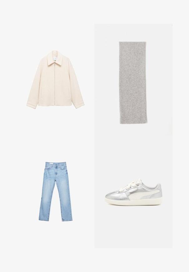 Mango Lehká bunda - off-white; Bílé tričko s dlouhými rukávy a širokým výstřihem, s nařasením na zadní straně. Hladká textura, přiléhavý střih.; Světle modré džíny z denimu se rovnými nohavicemi, designem s pěti kapsami a viditelným šitím. Středně vysoký pas se klasickým zapínáním na knoflík a zip.; Stříbrné metalické tenisky mají bílé akcenty, hladký syntetický svršek, šněrování vpředu a texturovanou gumovou podrážku. Logo PUMA na boku.; Šedý pletený šátek s hladkým povrchem, prodlouženého obdélníkového tvaru s čistými okraji, navržený pro teplo a pohodlí.; Even&Odd Kabelka - black