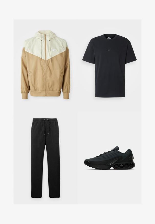 Nike vēja mēteli ar beidzīgu ķermeni, gaišas brūnas krāsas paneļiem, kapuci, priekšējo rāvējslēdzēju un elastīgiem apročām, ar mazu baltu logotipu uz krūtīm.; Nike melns kokvilnas T-krekls ar klasisku piegriezumu, īsām piedurknēm un smalku, reljefu logotipu uz krūškurvja. Gluda tekstūra.; Melnas sporta bikses, izgatavotas no flīsa, ar elastīgu jostasviedi un auklām, diviem priekšējiem kabatām un nelielu logo uz augšstilba.; Melnas sporta kurpes ar teksturētu audumu, izliekta forma, izteikts vidusposms un redzamie amortizācijas elementi. Iespējo baltu logotipa detaļu.