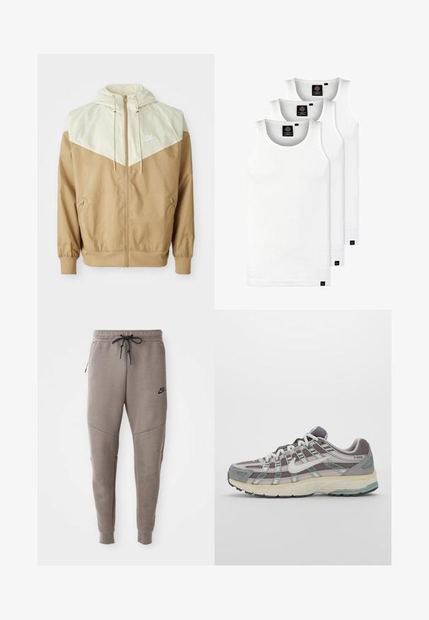 Kurtka przeciwdeszczowa Nike z beżowym korpusem, jasnobeżowymi wstawkami, kapturem, zamkiem z przodu i elastycznymi mankietami, z małym białym logo na piersi.; Trzy białe prążkowane koszulki na ramiączkach wykonane z bawełny. Posiadają okrągły dekolt i małe czarne metki blisko dolnego brzegu. Dostępne w różnych rozmiarach.; Szare dresy Nike z elastycznym pasem ze sznurkowym zapięciem, zwężanymi nogawkami, bocznymi kieszeniami i wyraźnymi detalami szwów. Miękka, teksturowana tkanina.; Szare buty sportowe z siateczkowym i zamszowym wierzchem, białymi akcentami, amortyzowaną podeszwą oraz charakterystycznym designem z elementami odblaskowymi.