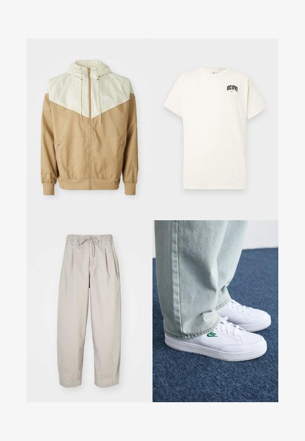 Nike vetrovka s bežnim trupom, svetlo bež paneli, kapuco, prednjim zadrgo in elastičnimi manšetami ter majhnim belim logotipom na prsih.; Kremasta bombažna majica s kratkimi rokavi, z natisnjenim napisom "NIKE SB" v črni in rdeči barvi na prsih. Standardni okrogli izrez.; Bež hlače iz lahkega materiala z elastičnim pasom in vrvico. Imajo gube in ohlapen kroj, izdelane so iz mehkega, gladkega blaga.; Bela usnjena športna obutev z zelenim Nike logotipom, okrogla konica, ravna podplat, v kombinaciji z svetlo modrimi kavbojkami, prikazana na modrem preprogu.