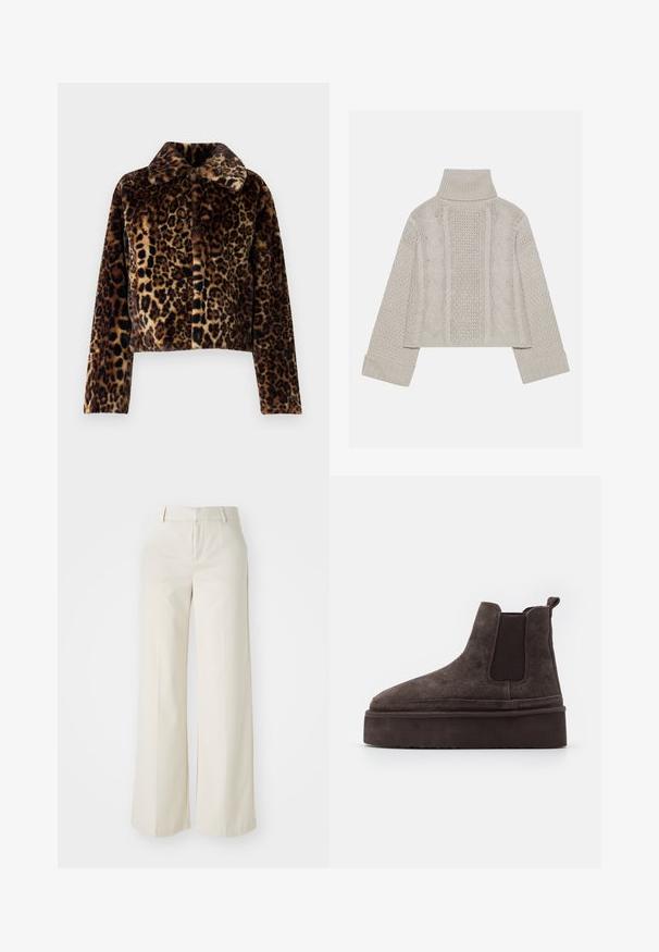 Noisy May NMEVE LEO JACKET - Winterjacke - mocha bisque; Gekürzter, hellgrauer Strickpullover mit hohem Kragen und gerippten Bündchen, ausgestattet mit strukturierten Zopfmustern entlang des Rückens und der Seiten.; Weite Hosen in einem hellbeigen Farbton, aus einem glatten Stoff gefertigt. Mit einem klassischen Bund und flachem Vorderteil, das klare Linien zeigt.; Braune Wildleder Chelsea-Stiefel mit elastischen Seitenpaneelen und einer dicken, strukturierten Plattformsohle. Mit einem Ziehband an der Ferse für ein einfaches An- und Ausziehen.