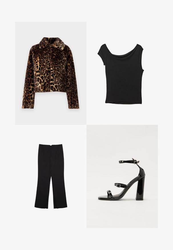 Noisy May NMEVE LEO JACKET - Winter jacket - mocha bisque; Black short-sleeve top made of smooth fabric; features a draped neckline and an asymmetrical hemline, with a fitted body.; Black trousers with a straight fit, featuring front pockets and side slits at the hem. Made of soft, smooth fabric. Suitable for various occasions.; Black patent heeled sandals with a square toe, ankle straps, and silver buckles. Features a chunky block heel for stability.