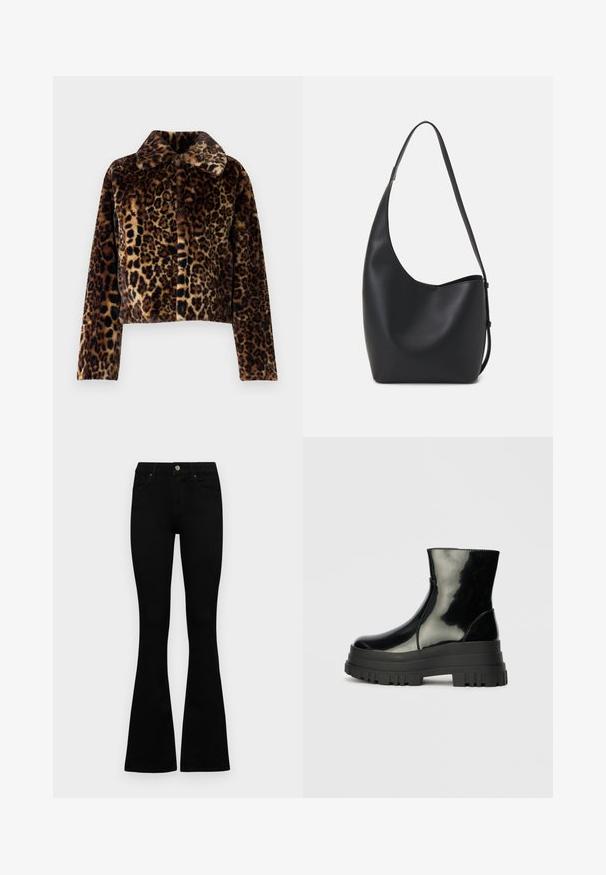 Noisy May NMEVE LEO JACKET - Vinterjakke - mocha bisque; Sett med to langermede topper i hvit og svart. Ribbete tekstur, rund hals, tettsittende design med lett utsvingte ermer.; Sorte høytlivsjeans med knapp og glidelås, frontlommer og utsvingte bein liggende flatt på en hvit bakgrunn.; Svart, blank ankelstøvel med tykk såle og rund tå, sett fra siden på en enkel, lys grå bakgrunn.; Svart lær hobo-veske med glatt tekstur, buet form og enkelt justerbart stropp; har en bred åpning på toppen.