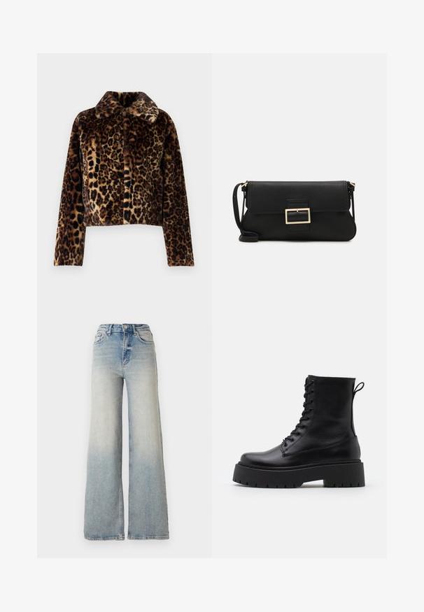 Noisy May NMEVE LEO JACKET - Zimska jakna - mocha bisque; Črn dolg rokav vrh, izdelan iz gladkega blaga, z okroglim izrezom in nabrano obdelavo na ramenih in manšetah.; Svijetloplave široke traperice s visokim strukom, koje imaju pet džepova i vidljivo šivanje uz šavove.; Črne usnjene gležnjarje z okroglo konico, vezalnim sprednjim delom in debelim gumijastim podplatom z teksturiranim profilom. Zanka na hrbtni strani.; Črna usnjena torbica na preklop z zlato kovinsko zaponko. Vključuje črn trak in eleganten, minimalističen dizajn.; Zlate obroče ušesne uhane, tanke in krožne oblike, z gladko kovinsko površino brez okrasnih elementov ali vzorcev.