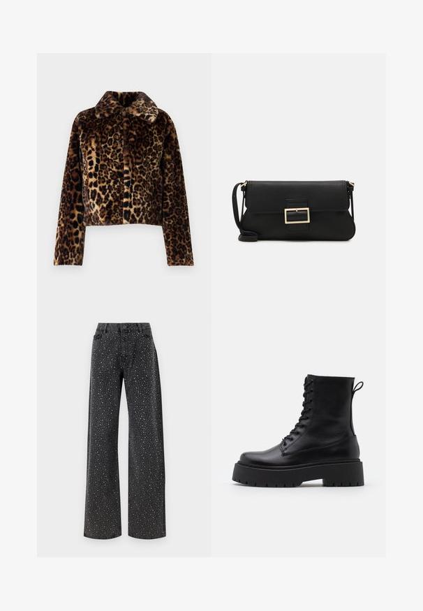 Noisy May NMEVE LEO JACKET - Zimní bunda - mocha bisque; Černý top s dlouhým rukávem vyrobený z hladkého materiálu, s kulatým výstřihem a nařasenými detaily na ramenou a manžetách.; Noisy May NMJANNEL LOOSE - Džíny Relaxed Fit - black denim; Černé kožené kotníkové boty s kulatou špičkou, šněrováním na přední straně a silnou gumovou podešví s texturovaným vzorkem. S poutkem vzadu.; Černá kožená psaníčko s klopou a zlatým kovovým detailním sponou. Součástí je černý popruh a elegantní, minimalistický design.; Zlaté kruhové náušnice, tenké a kulaté, s hladkým kovovým povrchem a bez zdobení či vzorů.