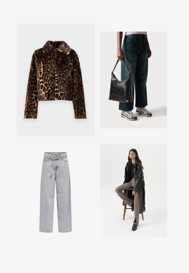 Noisy May NMEVE LEO JACKET - Veste d'hiver - mocha bisque; T-shirt à manches longues gris clair en coton doux. Présente une coupe ample, un col rond et des poignets légèrement froncés. Aucun motif ni graphique.; Jeans larges gris clair en denim, comportant une taille classique avec des passants de ceinture, une fermeture à bouton à l'avant et des poches latérales.; Manteau trench en cuir noir avec des boutons et une ceinture, associé à un pantalon ajusté marron clair et des mocassins noirs, assis sur un tabouret en bois.; Sac à bandoulière en cuir noir avec une texture lisse et une bandoulière réglable, associé à un jean ample décoloré et des baskets de sport.