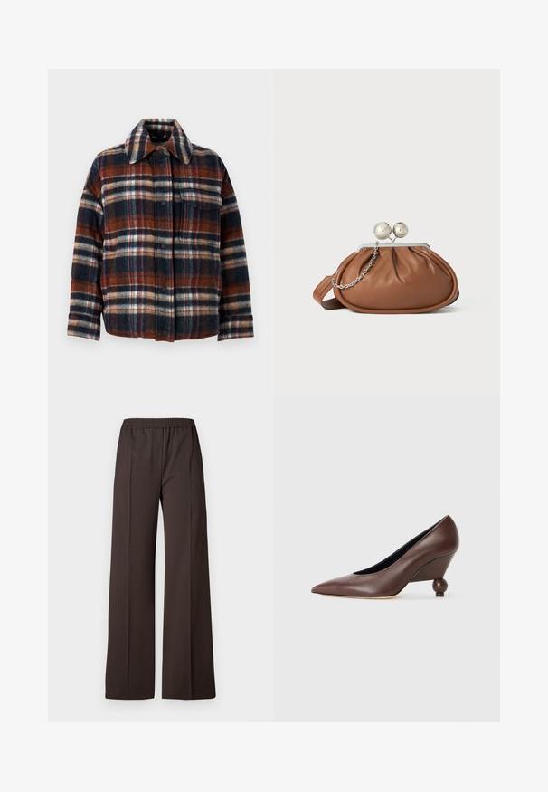 Weekend Max Mara DOVER - Doudoune - rosso marrone; Chandail col roulé navy à manches longues, fabriqué en tissu tricot doux. Présente un col et des poignets côtelés, avec un design simple et sans motifs.; Pantalons à jambe large en tissu brun foncé avec une taille élastique, présentant une texture lisse et des lignes épurées pour un look soigné.; Pompe compensée en cuir marron avec un bout pointu et un talon arrondi en forme de boule. Texture lisse avec un design simple et des accents minimaux.; Pochette en cuir marron avec un fermoir à boule en argent et un petit détail en chaîne argentée sur fond blanc.