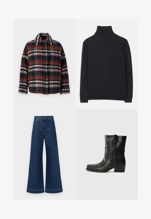 WEEKEND MaxMara DOVER - Piumino - rosso marrone; Maglione a collo alto nero realizzato in tessuto morbido. Caratterizzato da maniche lunghe, un collo alto e polsini e orlo a coste per un look aderente.; Jeans in denim blu a gamba larga con vita alta, dotati di chiusura a bottone, passanti per cintura e dettagli di cucitura sottili lungo le tasche e i orli.; Stivale ankle in pelle nera con punta arrotondata, tacco a blocco, cerniera laterale e dettagli in cucitura sulla tomaia. Texture liscia, design classico.