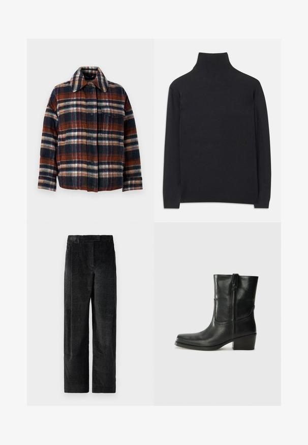 WEEKEND MaxMara DOVER - Dunjacka - rosso marrone; Svart polotröja i mjukt tyg. Har långa ärmar, hög krage och ribbade ärmar och nederkant för en figurnära look.; Svarta, texturerade byxor med vida ben och en uttalad väv, med framveck och platt midjeband. Klassisk design för mångsidighet.; Svart läderankelboot med rund tå, blockklack, sidodragkedja och sömmar på ovandelen. Slät textur, klassisk design.