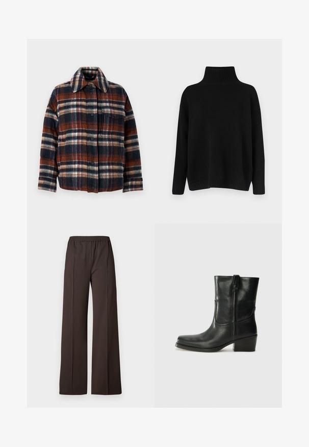 WEEKEND MaxMara DOVER - Doudoune - rosso marrone; Pull noir en maille avec un col montant côtelé, des épaules tombantes et une coupe décontractée. Comprend des poignets et un ourlet côtelés pour la texture.; Pantalons à jambe large en tissu brun foncé avec une taille élastique, présentant une texture lisse et des lignes épurées pour un look soigné.; Bottine en cuir noir avec un bout rond, un talon carré, une fermeture éclair sur le côté et des coutures décoratives sur l'empeigne. Texture lisse, design classique.