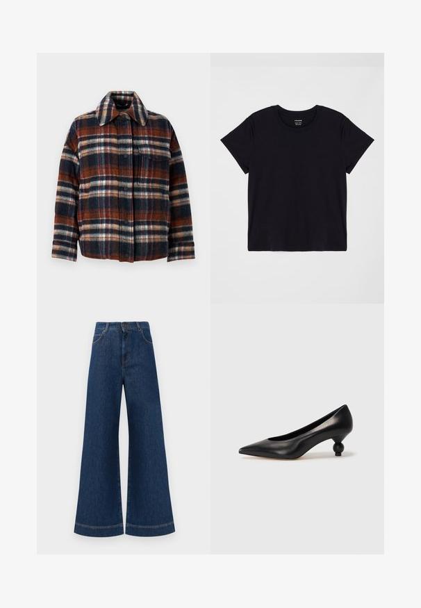 WEEKEND MaxMara DOVER - Untuvatakki - rosso marrone; Musta lyhythihainen t-paita, joka on valmistettu pehmeästä puuvillasta. Klassinen pyöreä kaula-aukko, yksinkertainen ja ilman koristeluja, rento istuvuus.; Siniset farkut leveällä lahkeella ja korkealla vyötäröllä, jossa on nappikiinnitys, vyölenkit sekä huomaamattomat tikkaus yksityiskohdat taskuissa ja lahkeissa.; Musta nahkakengät korkealla korolla, joissa on terävä kärki ja pyöreä, pallomainen korko. Sileä pinta ja tyylikäs, minimalistinen muotoilu.