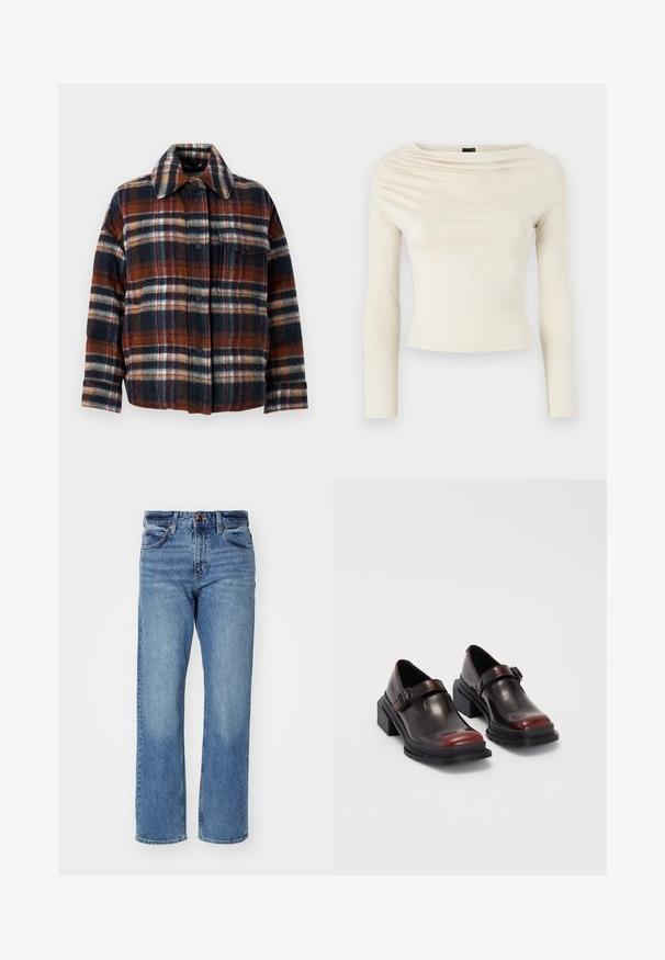 WEEKEND MaxMara DOVER - Daunenjacke - rosso marrone; Gina Tricot Langarmshirt - turtledove; Hellblaue gerade geschnittene Jeans aus Denim. Verfügt über fünf Taschen, einen klassischen Knopfverschluss und dezente Ausbleichungen im gesamten Stoff.; Leder-Blockabsatzschuhe mit glänzender dunkelburgunderfarbener Oberfläche, ausgestattet mit einem Schnallenriemen und einem runden Zehendesign. Texturierte Außensohle für besseren Grip.