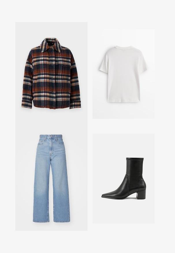 Weekend Max Mara DOVER - Daunenjacke - rosso marrone; Weißes Baumwoll-T-Shirt mit kurzen Ärmeln, rundem Ausschnitt und glatter Textur. Die Rückseite ist einfarbig ohne zusätzliche Muster oder Designs.; Hellblaue High-Waist-Weite-Leg-Jeans mit Knopf- und Reißverschluss vorne, Vorder- und Rückentaschen, auf weißem Hintergrund.; Schwarze Knöchelstiefel aus glattem Leder, mit spitzem Zehenbereich, einem Blockabsatz und markanten, raised stitching am oberen Rand.