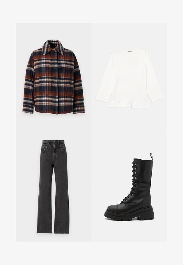 WEEKEND MaxMara DOVER - Sulejope - rosso marrone; Valge pika varrukaga särk pehmest kangast, millel on volangiga äär. Disain sisaldab ümmargust kaelust ja diskreetset brändimist rindade piirkonnas.; Mustad kõrge vöökohtadega mustad teksad iseloomustavad sirge jala disain, tagasihoidlik kulumisjälgede detail, ning metallist nupud vöö kohal.; Mustad mustad nahast kingad, millel on paksu lukuga tald, kõrge varre ja tekstureeritud pind, metallist aasad ja tõmbeulatus.