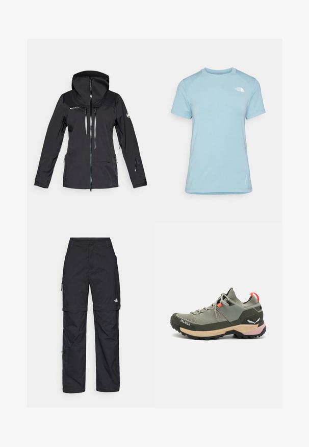 Jachetă neagră impermeabilă cu glugă, fermoar frontal, buzunare la piept și laterale, și manșete ajustabile. Prezintă un material neted și un design minimalist.; Tricou scurt cu mânecă scurtă, de culoare albastru deschis, cu guler rotund. Are un material moale, mâneci raglan și un logo alb pe pieptul din stânga sus.; Pantaloni cargo din nylon negru, cu fermoar detașabil, manșete ajustabile, multiple buzunare și un logo pe piciorul drept. Textură netedă și ușoară.; Pantofii de drumeție verzi, ușori, din materiale din plasă și cauciuc, cu talpă neagră anti-derapantă, accente roz și portocalii, și vârf întărit.