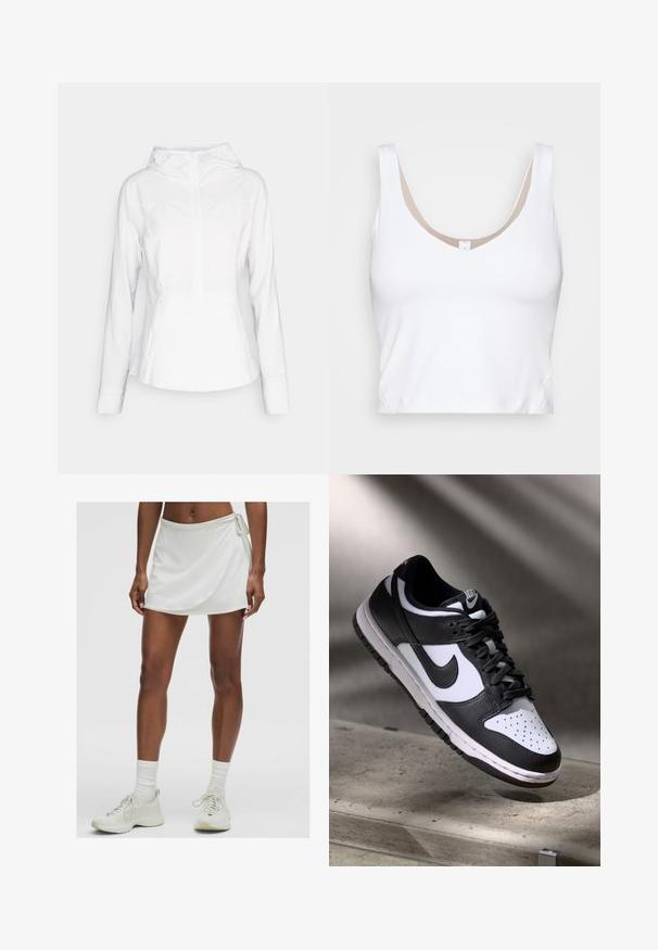 lululemon MIST OVER WINDBREAKER - Windbreaker - white; White crop top with a scoop neckline and wide shoulder straps. Made from smooth, stretchy fabric with a beige lining accent at the neckline.; White athletic skort with a wrap design, made from smooth fabric. Features a tie on the side and is paired with light-colored sneakers and socks.; Black and white Nike Dunk Low sneaker with leather upper, perforated toe box, and black laces, featuring a white sole and logo accents.