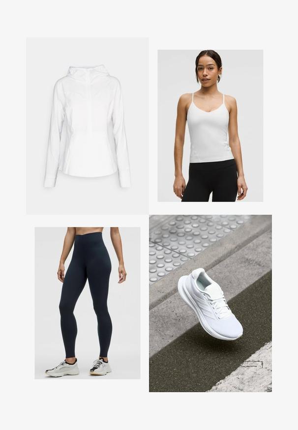 lululemon MIST OVER WINDBREAKER - Windbreaker - white; Weißes Camisole-Top mit dünnen Trägern, V-Ausschnitt und figurbetonter Silhouette. Glatte Textur, minimalistische Details, kombiniert mit schwarzen Leggings.; Hochbundige marineblaue Leggings aus dehnbarem Stoff, mit einer glatten Textur und einer enganliegenden Passform. Kombiniert mit weißen und schwarzen Sportschuhen.; Weiße Sportschuhe mit einem Obermaterial aus Mesh, Schnürdesign und strukturiertem Sohlen. Dezente Branding- und nahtlose Konstruktionsdetails sichtbar.