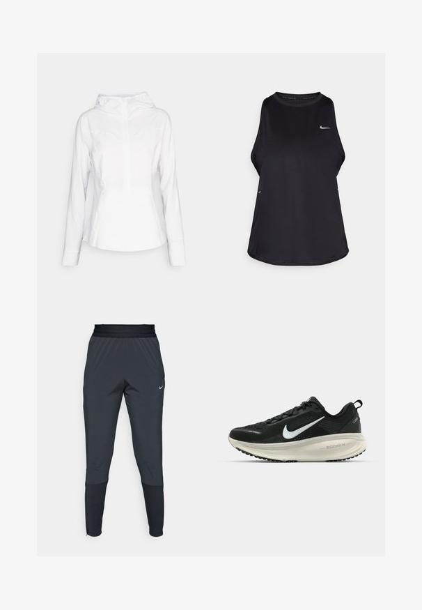 lululemon MIST OVER WINDBREAKER - Tuulitakki - white; Mustan hihattoman juoksupaidan ykkönen, joka on valmistettu kevyestä materiaalista ja jossa on pyöreä kaula-aukko; siinä on huomaamaton logo ja sivuleikkaukset hengittävyyden parantamiseksi.; Nike urheiluhaalareita tummanharmaana, joissa on kapeneva lahjesuunnittelu, joustava vyötärö ja korostedetaileja lahkeiden läheisyydessä.; Mustat Nike-juoksukengät, joissa on hengittävä verkko-osa, valkoinen swoosh-logo, teksturoitu yksityiskohtaus ja kermaisen värinen ZoomX-välipohja.