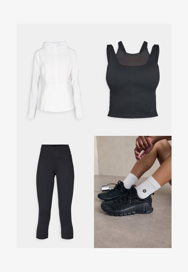 lululemon MIST OVER WINDBREAKER - Vetrovka - white; Čierna športová podprsenka s priliehavým strihom, širokými ramienkami a sieťovinou na prednej strane. Hladký povrch a minimálne švy. Logo Nike na leme.; Čierne skrátené legíny vyrobené z elastického materiálu, s vysokým pásom a hladkou textúrou, bez viditeľných vzorov alebo kovania.; Čierne športové topánky s textúrovanou látkou, šnurovací dizajn a výrazná podrážka, doplnené o biele rebrované ponožky s malým logom.