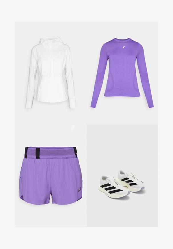 lululemon MIST OVER WINDBREAKER - Vetrovka - white; Majica z dolgimi rokavi v svetlo vijoličasti barvi, ki se prilega telesu, ima okroglo ovratnik in subtilno teksturo ter detajl s logotipom na prsih.; ASICS METARUN SPLIT SHORT - Športne kratke hlače - edo purple; Bele športne čevlje bele barve z črnimi črtami in blagovno znamko, z mrežastim zgornjim delom, zaobljenim prstom in debelim kremnim podplatom za blaženje.