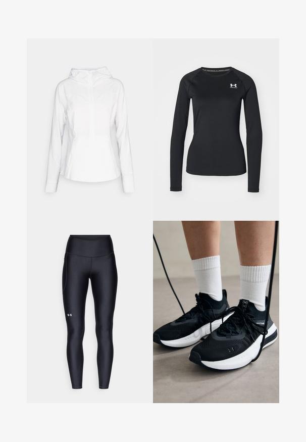 lululemon MIST OVER WINDBREAKER - Windjack - white; Zwart sportshirt met lange mouwen, gemaakt van een gladde stof, met een ronde halslijn en een klein wit logo op de linkerborst.; Zwarte leggings van glad, rekbaar materiaal met een hoge tailleband. Heeft een wit logo op de linkerdij en een aansluitend ontwerp.; Zwarte sportschoenen van gestructureerde stof, met een witte zool en zwarte veters. Draag ze met witte geribde sokken, staand op een lichte ondergrond.