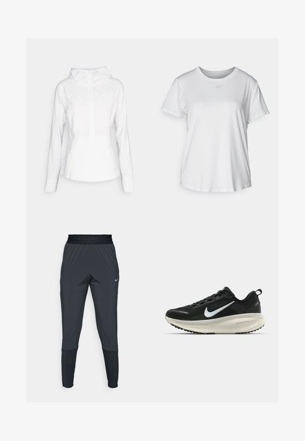 lululemon - Wiatrówka; Biała koszulka z krótkim rękawem, uszyta z gładkiego materiału, z okrągłym dekoltem i małym szarym logo Nike na piersi.; Spodnie sportowe Nike w ciemnoszarym kolorze, z tapered leg design, elastycznym paskiem w talii oraz akcentami przy nogawkach.; Czarna biegowa półbut z oddychającej siateczki, białym logo swoosh, teksturowanymi detalami oraz kremową podeszwą środkową ZoomX.