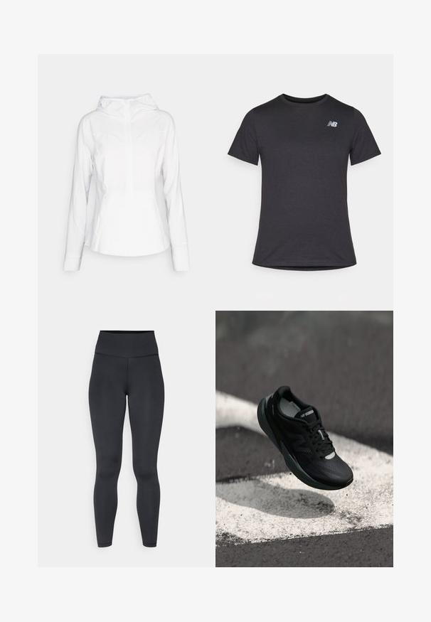 lululemon MIST OVER WINDBREAKER - Giacca a vento - white; T-shirt nera a maniche corte realizzata in tessuto morbido, con un piccolo logo grigio New Balance posizionato sulla parte superiore sinistra del petto, design classico con girocollo.; Leggings neri a vita alta realizzati in materiale elastico, con una texture liscia e un design aderente, caratterizzati da dettagli di cucitura minimi.; Scarpa da corsa nera con una tomaia testurizzata, design elegante e dettagli riflettenti. Presenta una suola morbida e ammortizzata per il comfort.