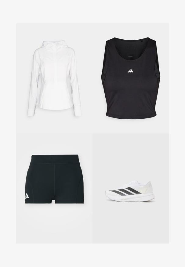 lululemon MIST OVER WINDBREAKER - Windjack - white; Zwarte sportcrop top gemaakt van vochtregulerende stof, met een ronde hals, mouwloos ontwerp en wit logo op de borst.; Zwarte sportieve shorts van rekbaar materiaal, met een hoge tailleband, aangesloten pasvorm en een wit Adidas-logo aan de linkerkant.; Witte sportschoen met zwarte diagonale strepen, bovenwerk van gaas, ronde neus en gestructureerde zool. Accenten zijn onder andere een zilveren hak en een minimalistisch ontwerp.