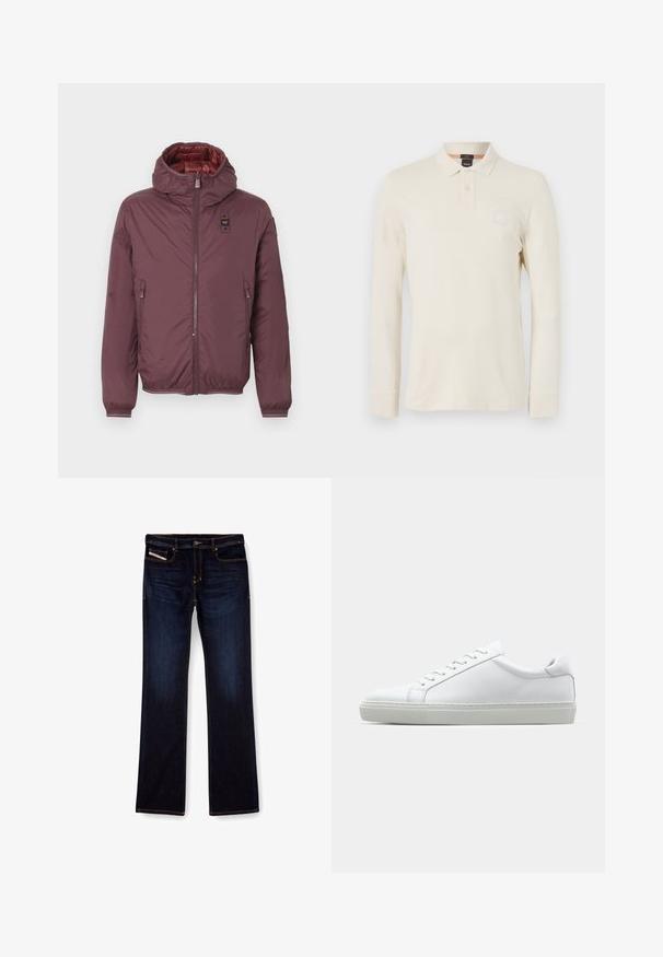 Jachetă puffer bordeaux cu glugă, două buzunare frontale cu fermoar, manșete elastice și o căptușeală roșie lucioasă. Închidere frontală cu fermoar și patch cu logo.; Polo cu mânecă lungă, în bej deschis, fabricat dintr-un material neted, având guler polo, placket cu două butoane și o mică etichetă cu logo pe piept.; Jeans din denim de culoare albastru închis, cu croială dreaptă, prezentând cusături portocalii, fermoar și buzunare frontale. Textură netedă și talie standard.; Adidași albi cu o suprafață din piele netedă și un profil jos. Au un vârf rotunjit, șase orificii pentru șireturi și o talpă din cauciuc texturată.