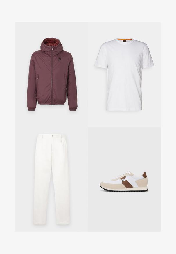 Casaco de penas bordeaux com capuz, dois bolsos frontais com fecho éclair, punhos elásticos e um forro vermelho brilhante. Fecho frontal com zíper e um emblema.; T-shirt de algodão branco com decote redondo, mangas curtas e um logo em relevo discreto no peito. A etiqueta interior tem um detalhe laranja.; Calças brancas feitas de um tecido suave, com um design de perna reta, pregas frontais e um fecho de botão único na cintura.; Sapatilhas com uma combinação de malha branca e camurça bege, com um detalhe em pele castanha. Bico arredondado, sola de borracha plana e design com atacadores.