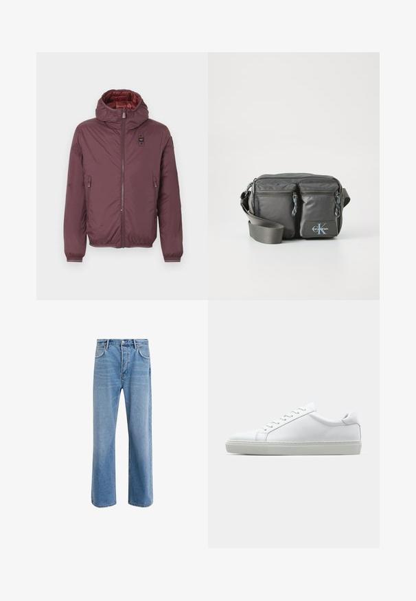 Bordeauxfarbene Daunenjacke mit Kapuze, zwei vorderen Reißverschlusstaschen, elastischen Bündchen und einem glänzenden roten Futter. Reißverschluss vorn und Logo-Patch.; Langärmliges Shirt mit Stehkragen aus leichtem cremefarbenem Baumwollstoff. Glatte Textur, lockere Passform, minimalistisches Design, keine sichtbaren Muster oder Akzente.; Helle blaue Jeans im Geradeschnitt-Design, mit fünf Taschen, Knopfverschluss, minimaler Ausbleichung und kontrastierenden Nähdetails.; Weißer Sneaker mit glattem Lederobermaterial und niedrigem Profil. Verfügt über eine runde Zehenpartie, sechs Ösen und eine strukturierte Gummisohle.; Graue Nylon-Crossbody-Tasche mit zwei Reißverschluss-Fronttaschen, verstellbarem Riemen und Logo-Akzent. Glatte Textur mit modernem Design.