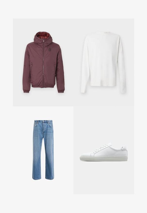 Bordo pūkinis švarkas su gobtuvu, dviem priekinėm užtraukiamom kišenėm, elastinėm rankovėm ir blizgiu raudonu pamušalu. Uždarymas užtrauktuku priekyje ir logotipo užklijavimas.; Ilgų rankovių baltas medvilninis marškinis su apvalia iškirpte, šonuose su plyšiais apačioje ir lygia tekstūra, rodomas iš nugaros.; Šviesiai mėlyni džinsai su tiesiu kirpimu, penkios kišenės, mygtuko užsegimas, minimalus blukimas ir kontrastingi siuvimo detalės.; Baltas sportinis batelis su lygiu odiniu paviršiumi ir žemu profiliu. Turi suapvalintą pirštą, šešis akių skyrius ir tekstūruotą gumos padą.