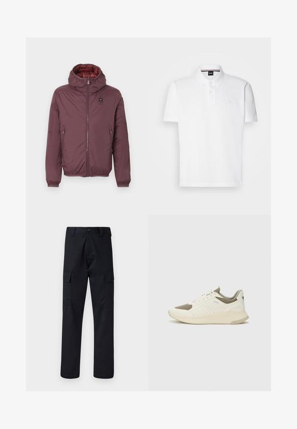 Bordo pūkinis švarkas su gobtuvu, dviem priekinėm užtraukiamom kišenėm, elastinėm rankovėm ir blizgiu raudonu pamušalu. Uždarymas užtrauktuku priekyje ir logotipo užklijavimas.; Balta polo marškinėliai pagaminti iš medvilnės ir poliesterio mišinio, su apykakle, dviejų mygtukų uždarymu ir subtiliu siuvinėtu logotipu ant krūtinės.; Juodi cargo kelnės, pagamintos iš tvirto audinio, su tiesiu kirpimu, dviem šoninėmis kišenėmis ir mygtukiniu užsegimu juosmenyje.; Baltas ir šviesiai bežinis sportinis kedas, su tinklo viršumi, perforuotais detalėmis ir tekstūruotu tarpine su logotipu ant kulno.
