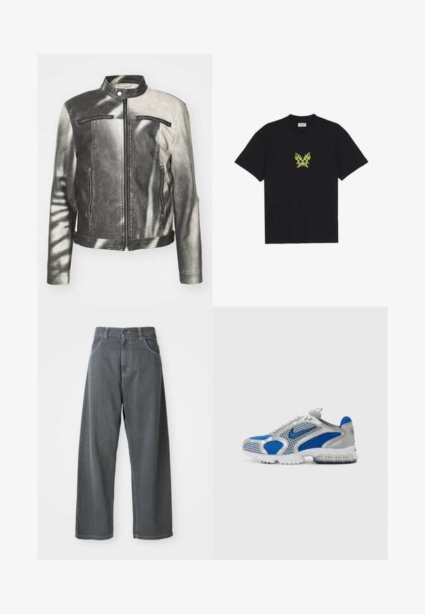 Jachetă din piele, în culorile negru și gri, cu guler ridicat, două buzunare frontale cu fermoar, buzunare laterale și un finisaj uzat.; Tricou din bumbac negru, cu un grafic mic sub formă de fluture cu un model de flacără galbenă pe piept. Gât rotund, mâneci scurte.; Pantaloni largi din denim gri cu talie înaltă, având buzunare frontale, bucle pentru curea și închidere cu nasture la talie.; Pantofi sport albaștri și argintii, cu panouri din plasă, guler căptușit și talpă translucidă cu accente albastre. Șireturile în contrast completează designul.