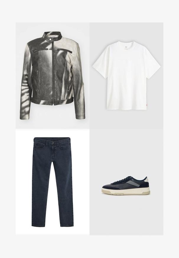 Leather jacket in black and grey, featuring a stand-up collar, two zippered chest pockets, side pockets, and a distressed finish.; White short-sleeve t-shirt made of cotton with a crew neck. Features subtle embossed logo detail on the front and a red label at the hem.; Dark blue denim jeans with a slim fit, five-pocket design, button closure, and a subtle distressed texture throughout the fabric.; BOSS BALTIMORE - Trainers - open blue