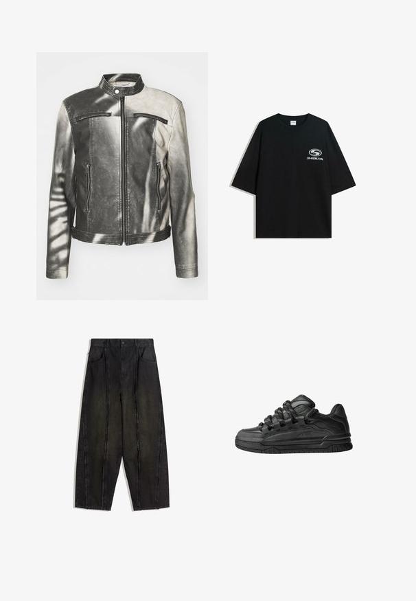 Kvalitetna kožna jakna u crnoj i sivoj boji, s podignutim ovratnikom, dva džepa na zip, bočna džepa i istrošenim izgledom.; Crna oversized pamukasta majica s okruglim izrezom i kratkim rukavima, s bijelim logotipom "Shibuya" otisnutim na prednjoj strani.; Crne široke traper hlače s vidljivim šavovima i raspaderačim rubovima, s dva prednja džepa i visokim strukom.; Crne tenisice s glatkom kožnom gornjom površinom, teksturiranim detaljima i okruglim crnim i bijelim vezicama. Debeli gumeni potplat s uzorkom.