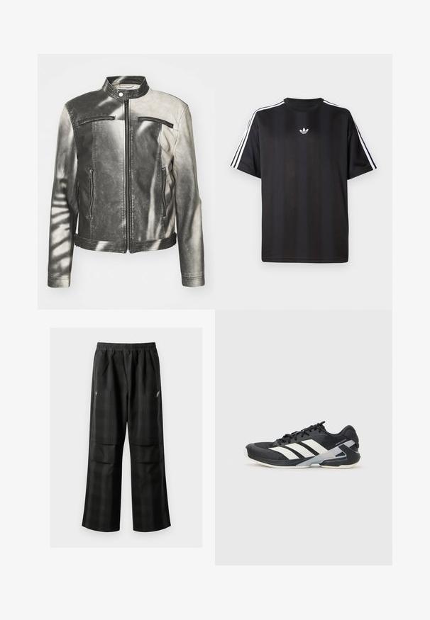 Leather jacket in black and grey, featuring a stand-up collar, two zippered chest pockets, side pockets, and a distressed finish.; Black short-sleeve t-shirt with white three-stripe detailing on shoulders and a small white logo on the chest. Smooth fabric texture.; Black plaid pants featuring an elastic waistband, two front pockets, and a loose fit with a straight leg design. Made from lightweight material.; Black athletic shoe with white stripes, mesh upper, rounded toe, and cushioned sole. Features a textured heel and secure lacing system.